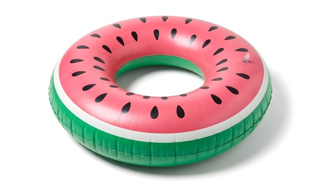 Inflatable watermelon swim ring, pink and green pool float for summer leisure, colorful fruit shaped water toy on white background Isolated on White Background