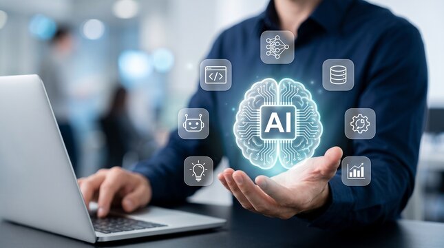 Business person using a laptop with digital artificial intelligence brain icons floating in the air in an office