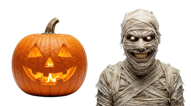 Jackolantern pumpkin and a scary mummy monster, isolated on transparent background
