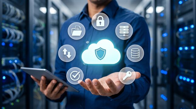 It professional holding a tablet with virtual cloud security icons in a modern server room network data center
