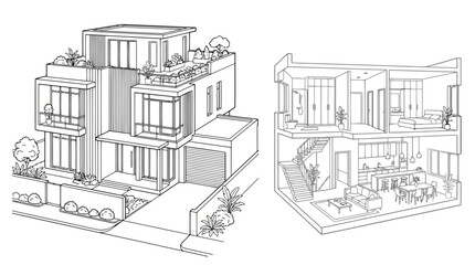 Obraz premium Duplex House Line Art Vector Illustration | Modern Residential Architecture Drawing | Elegant Home Outline Design