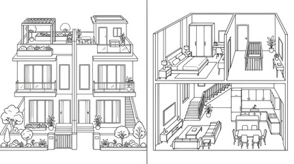 Obraz premium Duplex House Line Art Vector Illustration | Modern Residential Architecture Drawing | Elegant Home Outline Design