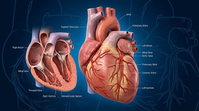 Anatomical Heart Model External View and Cross Sectional Diagram with Labels