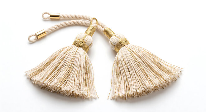 Two decorative tassels made of natural beige cotton thread with gold-colored metal accents and twisted rope loops, isolated on a white background