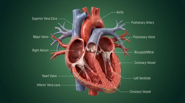 Anatomical illustration of a human heart with labeled parts scientific and medical concept