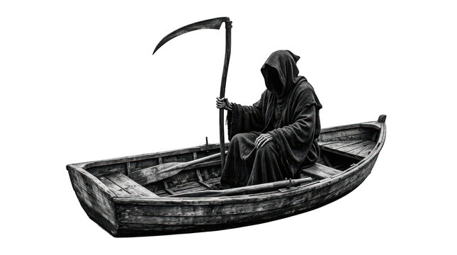 Grim reaper sitting in a wooden boat holding a scythe isolated on transparent background