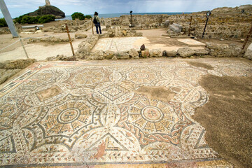 an elaborate ancient Roman mosaic floor with geometric and circular motifs located in the archaeological site of NORA, ROVINE DELLA CITTA' FENICIA, PUNICA E ROMANA. Pula, Cagliari, Sardegna. Italia © antasfoto