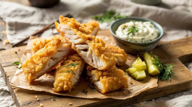 British cuisine. Fish Fingers. On a wooden board, breaded fish pieces with tartar sauce and slices of pickled cucumbers.