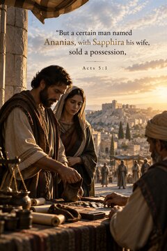 Ananias and Sapphira selling possession, a biblical narrative from Acts of the Apostles depicting early church deception and divine judgment.