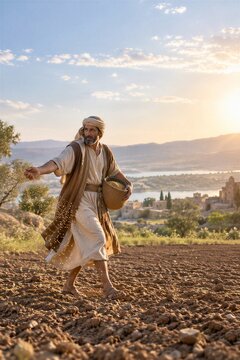 Ancient farmer scattering seed across wide field, a peaceful scene of sowing and cultivation in the ancient Near East.