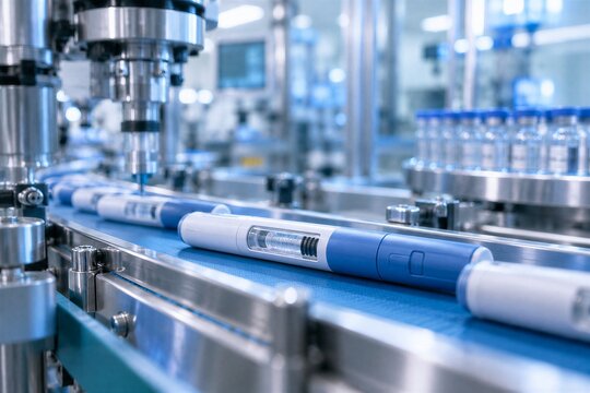Insulin pens moving along a modern pharmaceutical production line in a medical drug manufacturing factory.