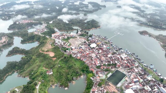 Guatap&eacute; Reservoir with Islands and Mountain Landscape in Antioquia, Colombia. Establishing Shot. Aerial View.