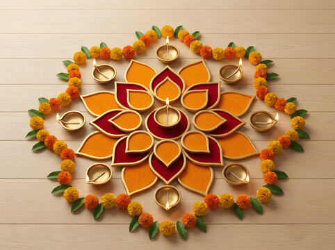 Diwali rangoli pattern with brass diya lamps, marigold flower decoration