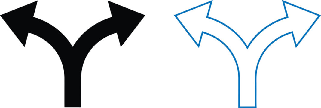 Black and blue outline split arrows pointing in two directions for navigation and decision design