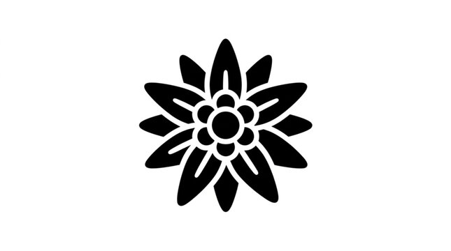 Black silhouette layered flower with radiating petals and center circles, alpine edelweiss blossom vector on white background