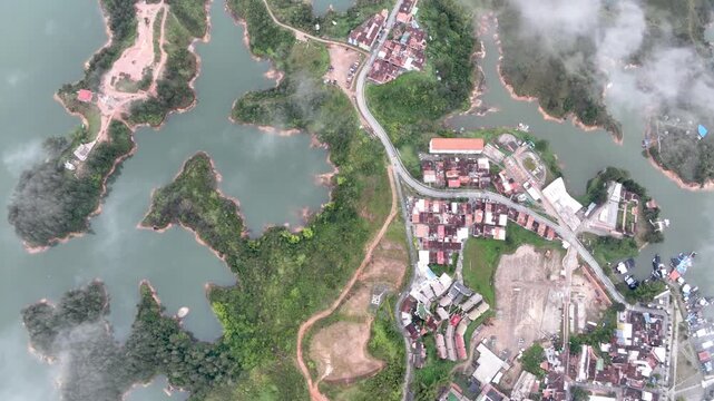 Guatap&eacute; Reservoir with Islands and Mountain Landscape in Antioquia, Colombia. Establishing Shot. Aerial View.