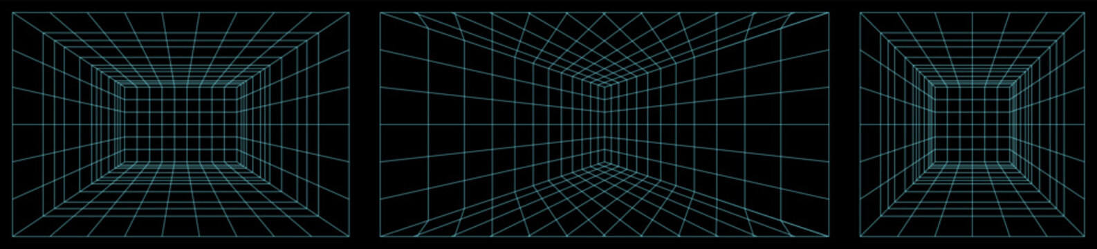Line grid bg , 3d floor space. Pattern wireframe perspective in abstract futuristic digital tunnel. Square texture frame tech box, 80s cyber technology mesh metaverse. Future depth cube, isometric vr