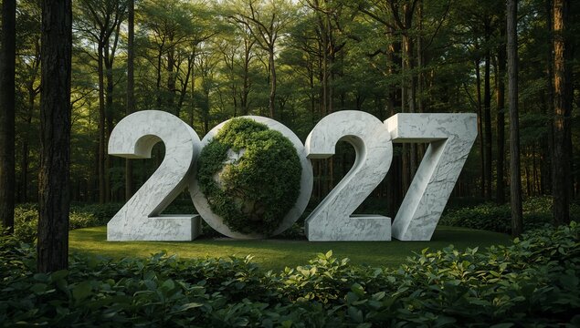 Large Marble 2027 Year Sculpture with Green Moss Globe in Pine Forest