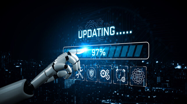 Futuristic Robotic Hand Interacting with Digital User Interface for Progress Update on a High-Tech Background with Network Elements Sigmoid