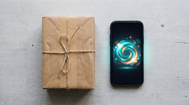 A brown paper wrapped parcel tied with twine next to a black smartphone displaying a glowing, swirling blue and orange light vortex on its screen, top-down view on a light wooden surface