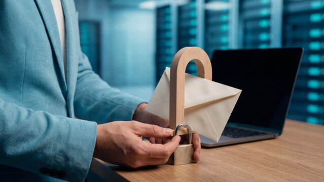 Email encryption and message privacy concept, businessman locking envelope with wooden padlock near laptop in server room for data protection, confidential mail security and spam defense