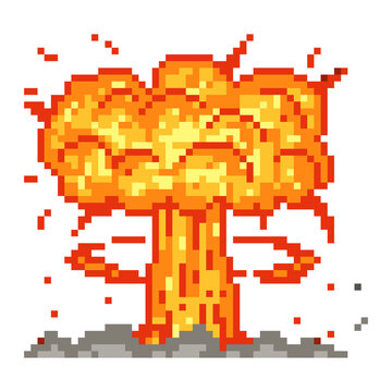Pixel art explosion with mushroom isolated on transparent background