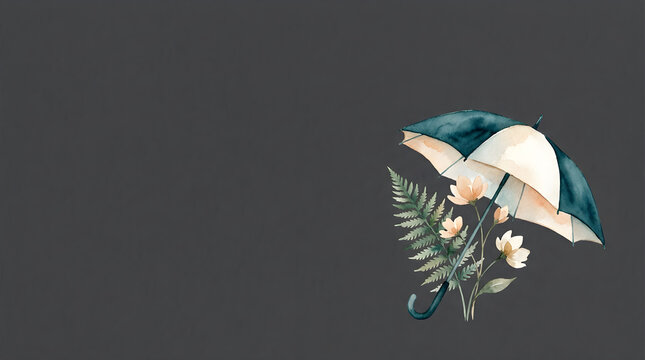 Vintage watercolor umbrella with botanical ferns, floral parasol art background