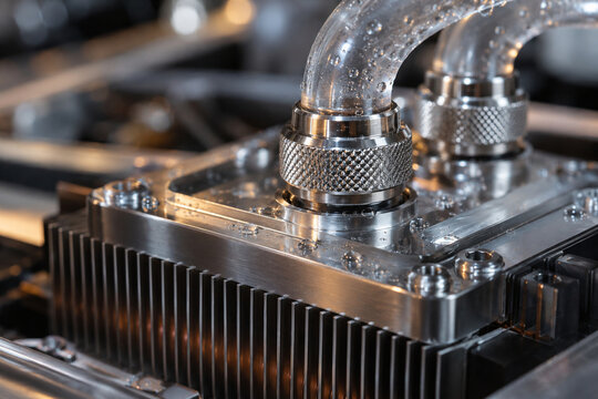 Macro detail of a knurled metal liquid-cooling fitting and transparent coolant hose mounted on a finned heat exchanger with scattered droplets.