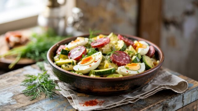 Hungarian cuisine. Janos salad with zucchini and salami. A salad made with slices of zucchini, slices of salami, and quartered boiled eggs, served with fresh herbs.