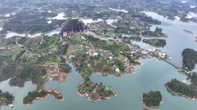 Scenic Guatap&eacute; Lake and Green Islands Surrounded by Mountains in Antioquia, Colombia. Establishing Shot. Aerial View.