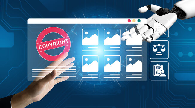 A captivating scene depicting a human hand and a robotic hand interacting over a digital copyright image interface, symbolizing technology and rights management in a high-tech environment. Ledger