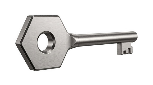 A brushed silver steel key with a broad hexagonal bow and notched shaft, isolated on transparent background for security and access design projects