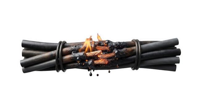 A bundle of burning electrical wires, isolated on transparent background, showing melted black insulation and exposed copper strands for safety concepts