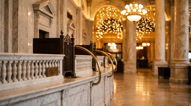 Close up of a grand marble bank teller counter with ornate brass railings, columns, and glowing chandeliers in a historic interior hall