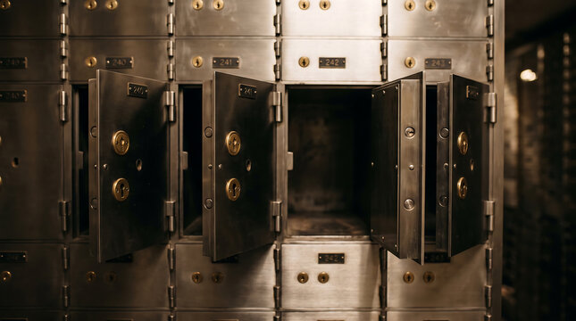 Close up of a wall of vintage metal safety deposit boxes in a bank vault, with several doors standing open to reveal empty compartments