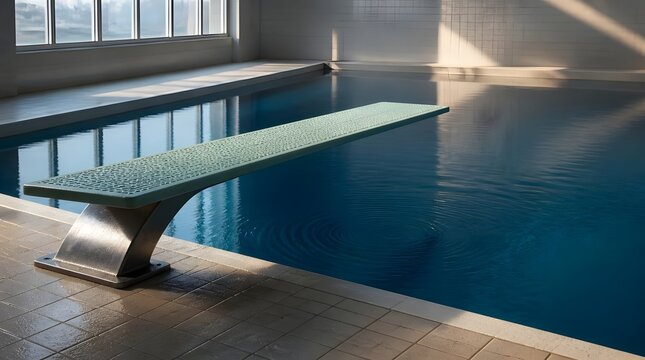 Indoor swimming pool with diving board and calm blue water