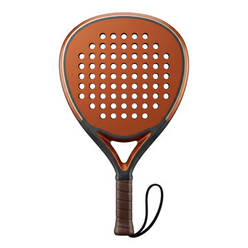 Modern orange and grey padel tennis racket with a brown grip and wrist strap isolated on transparent background