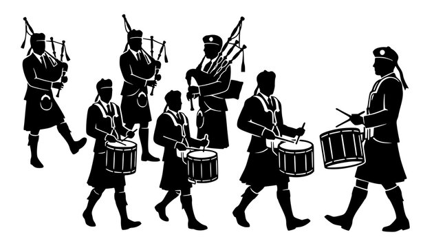 Scottish bagpiper and drummer marching band silhouette vector set