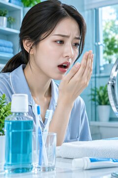 Morning Routine: Checking Breath for Halitosis and Oral Freshness, Highlighting Personal Hygiene and Dental Care.