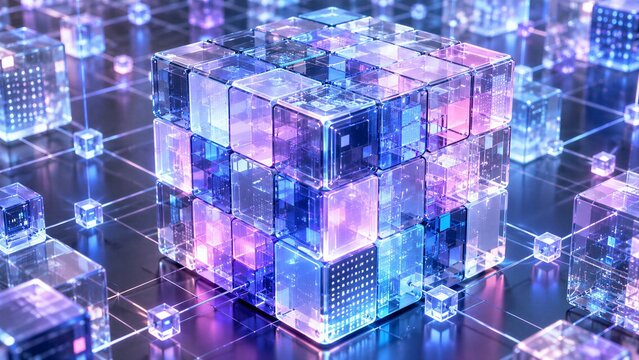 Abstract 3D Render of a Translucent Glass Cube Representing Digital Transformation, Data Technology, and Artificial Intelligence.