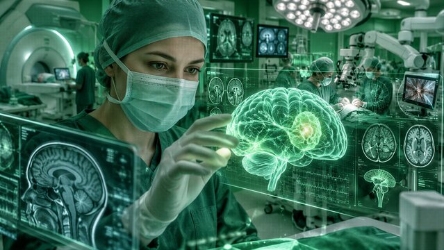 Female Neurosurgeon Analyzing Holographic Brain Data with Artificial Intelligence in Advanced Surgical Operating Room for Precision Neurosurgery and Diagnostics.