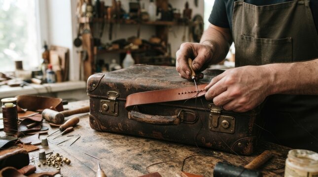 Craftsman Hand Stitching Leather Strap During Restoration of Vintage Suitcase