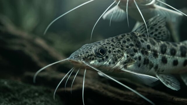 two pictus catfish close up underwater at morning light in amazon river basin video