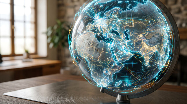 Macro detail shot of a glowing holographic globe showing interconnected digital network lines across continents, set on a wooden desk in a blurred office interior
