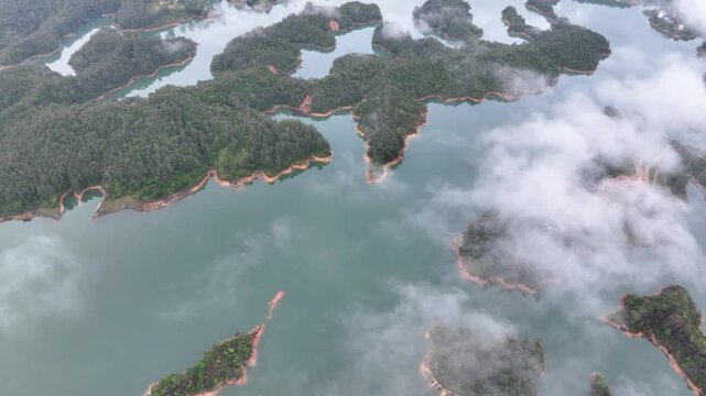Scenic Guatap&eacute; Lake and Green Islands Surrounded by Mountains in Antioquia, Colombia. Establishing Shot. Aerial View.