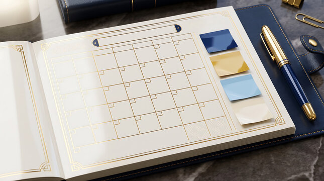 Open planner with a monthly calendar grid, gold foil borders, colorful sticky notes, and a blue and gold fountain pen on a dark marble desk