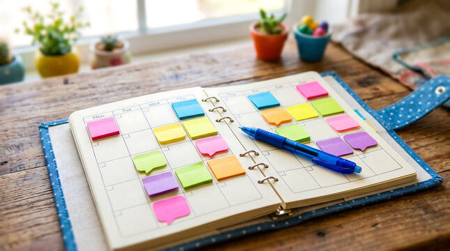 Open planner with colorful speech bubble sticky notes and a blue ballpoint pen on a rustic wooden desk, tilt-shift miniature style