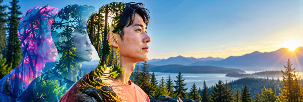 Man double exposure profile with translucent pine forest and sunlit mountains at sunrise. Conceptual mental health and psychological inner state photography representing thought process and nature con