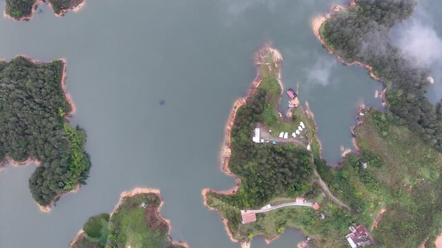 Guatap&eacute; Reservoir with Islands and Mountain Landscape in Antioquia, Colombia. Establishing Shot. Aerial View.