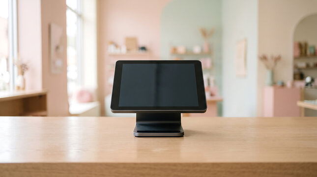 A symmetrical, centered view of a black point-of-sale terminal screen resting on a light wood countertop inside a retail shop with pastel pink and green walls